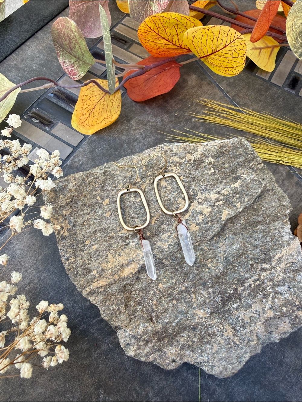 Gold Hoop Earrings with Clear Crystal Drop- Boho vintage statement lightweight